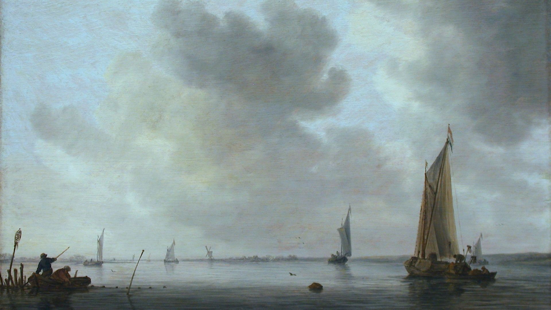 A painting of sailing boats on a calm estuary under a vast cloudy sky, with fishermen in a rowing boat and a windmill on the far shore.